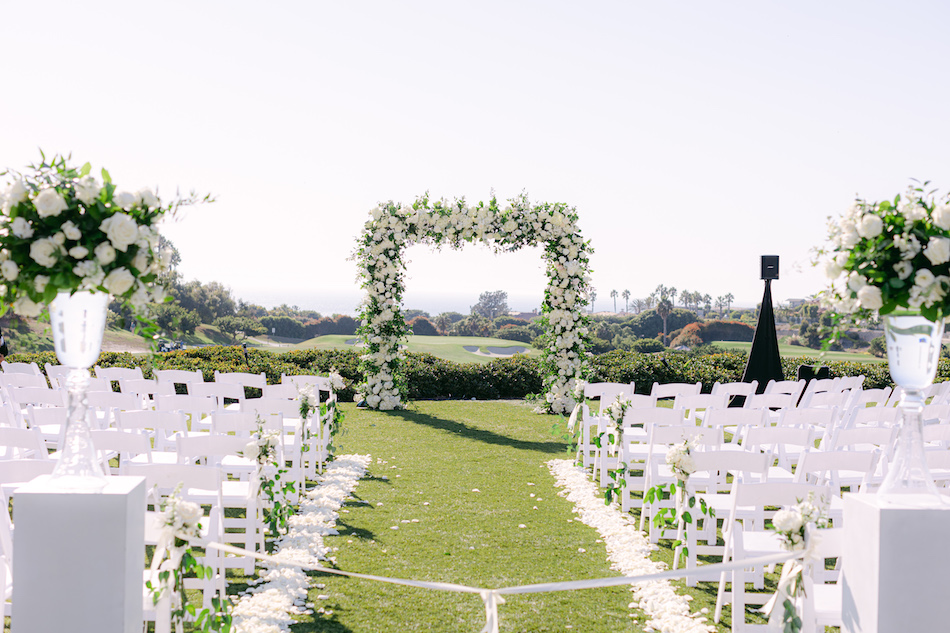 floral-filled arch, ceremony arch, all-white arch, floral design, florist, wedding florist, wedding flowers, orange county weddings, orange county wedding florist, orange county florist, orange county floral design, flowers by cina