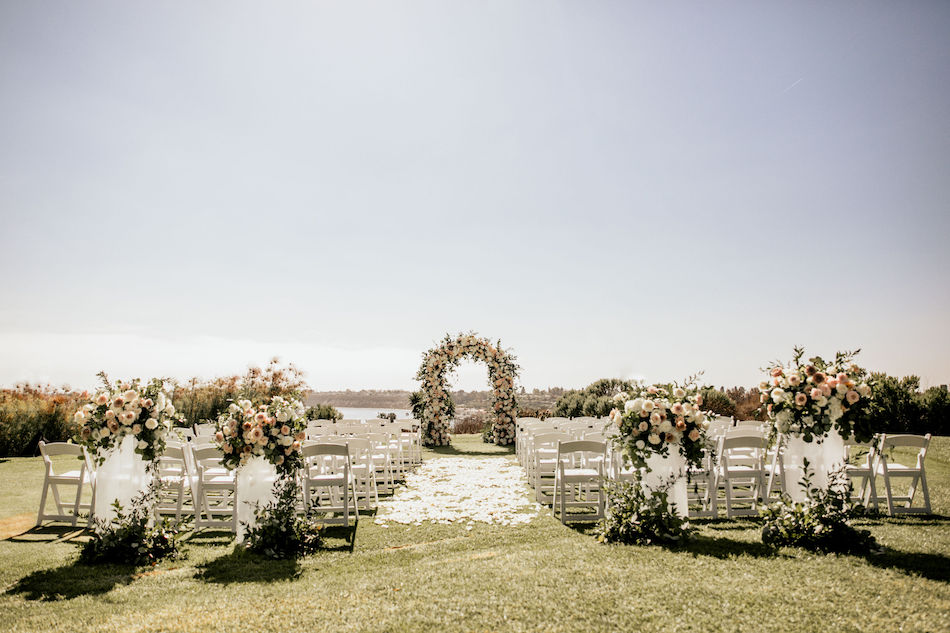 floral-filled aisle, horseshoe shaped arch, floral-filled ceremony, floral design, florist, wedding florist, wedding flowers, orange county weddings, orange county wedding florist, orange county florist, orange county floral design, flowers by cina