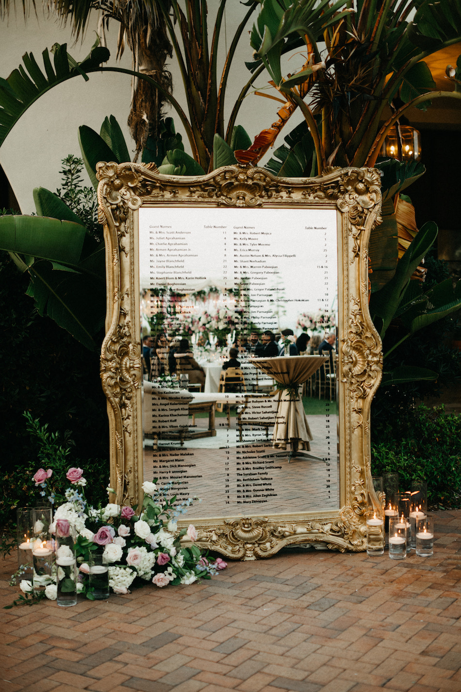 seating chart, golden seating chart, mirrored seating chart, floral design, florist, wedding florist, wedding flowers, orange county weddings, orange county wedding florist, orange county florist, orange county floral design, flowers by cina