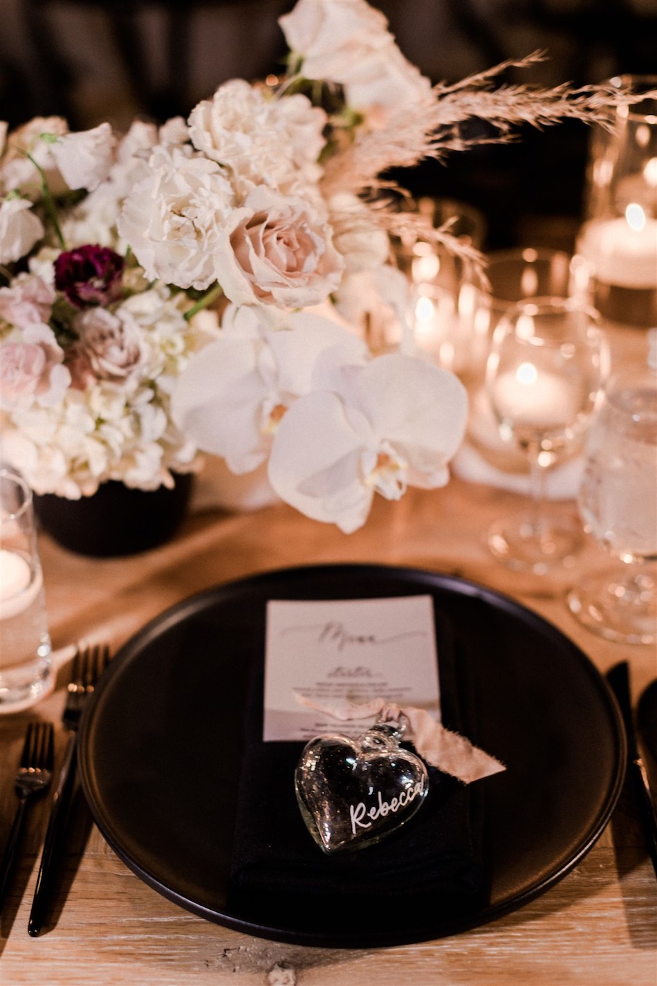 black and blush, orchids, centerpiece, floral design, florist, wedding florist, wedding flowers, orange county weddings, orange county wedding florist, orange county florist, orange county floral design, flowers by cina
