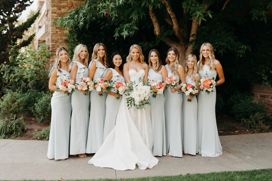 bridesmaids, blue bridesmaids dress, colorful bouquets, floral design, florist, wedding florist, wedding flowers, orange county weddings, orange county wedding florist, orange county florist, orange county floral design, flowers by cina