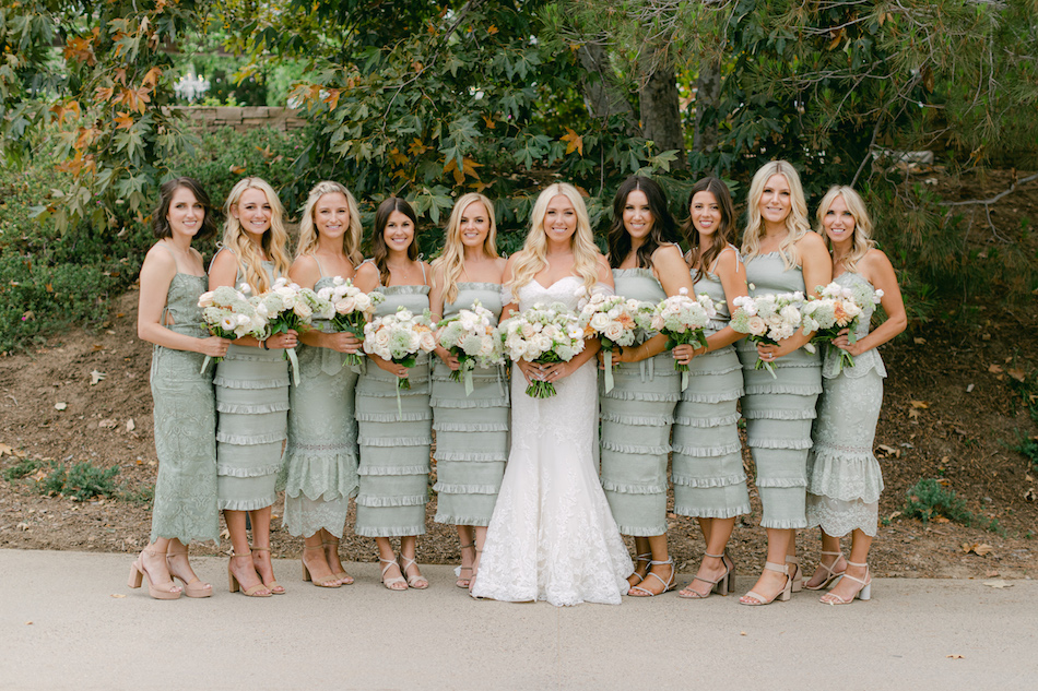 green bridesmaids dresses, green dress, pastel bouquet, floral design, florist, wedding florist, wedding flowers, orange county weddings, orange county wedding florist, orange county florist, orange county floral design, flowers by cina