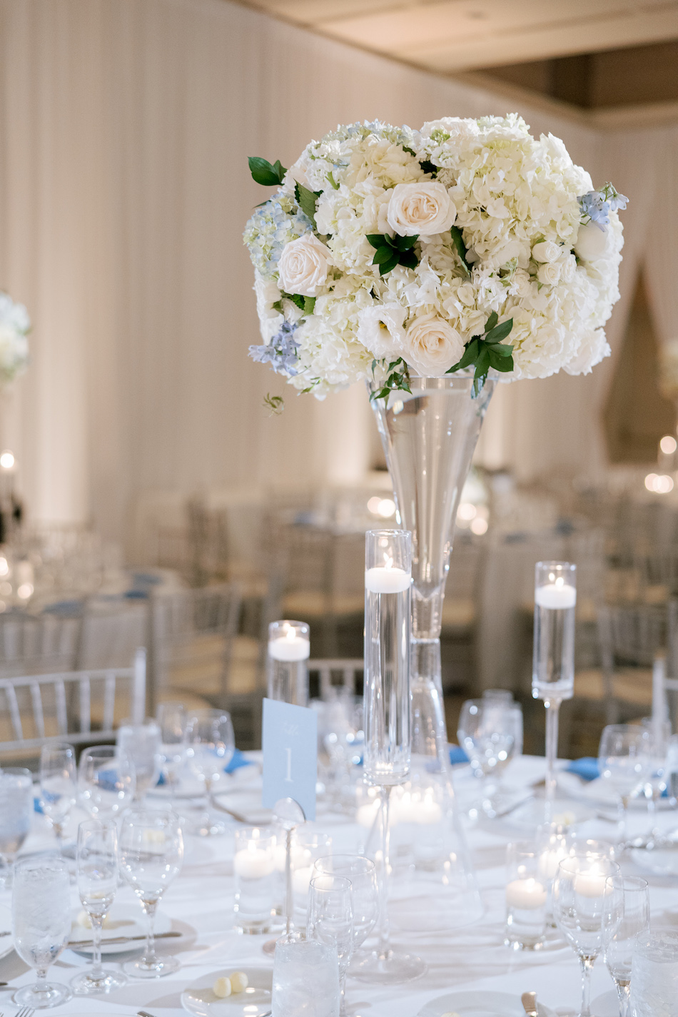 elevated centerpiece, tall centerpiece, blue centerpiece, floral design, florist, wedding florist, wedding flowers, orange county weddings, orange county wedding florist, orange county florist, orange county floral design, flowers by cina