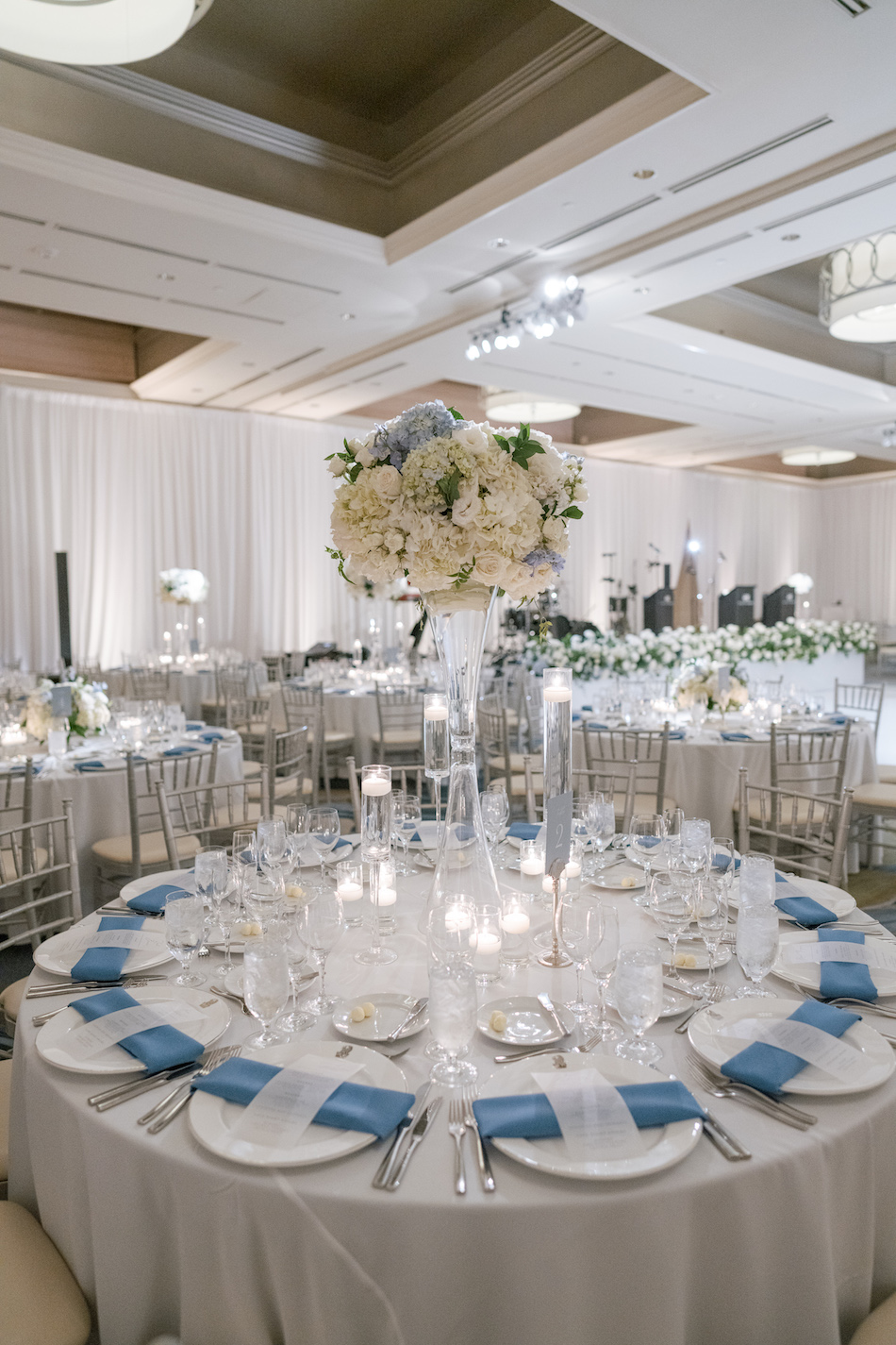 elevated centerpiece, blue reception decor, blue tablescape, floral design, florist, wedding florist, wedding flowers, orange county weddings, orange county wedding florist, orange county florist, orange county floral design, flowers by cina