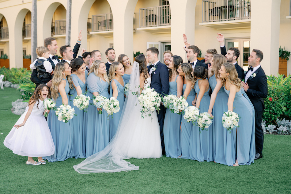 bridal party, bride and groom, blue bridesmaids dresses. floral design, florist, wedding florist, wedding flowers, orange county weddings, orange county wedding florist, orange county florist, orange county floral design, flowers by cina