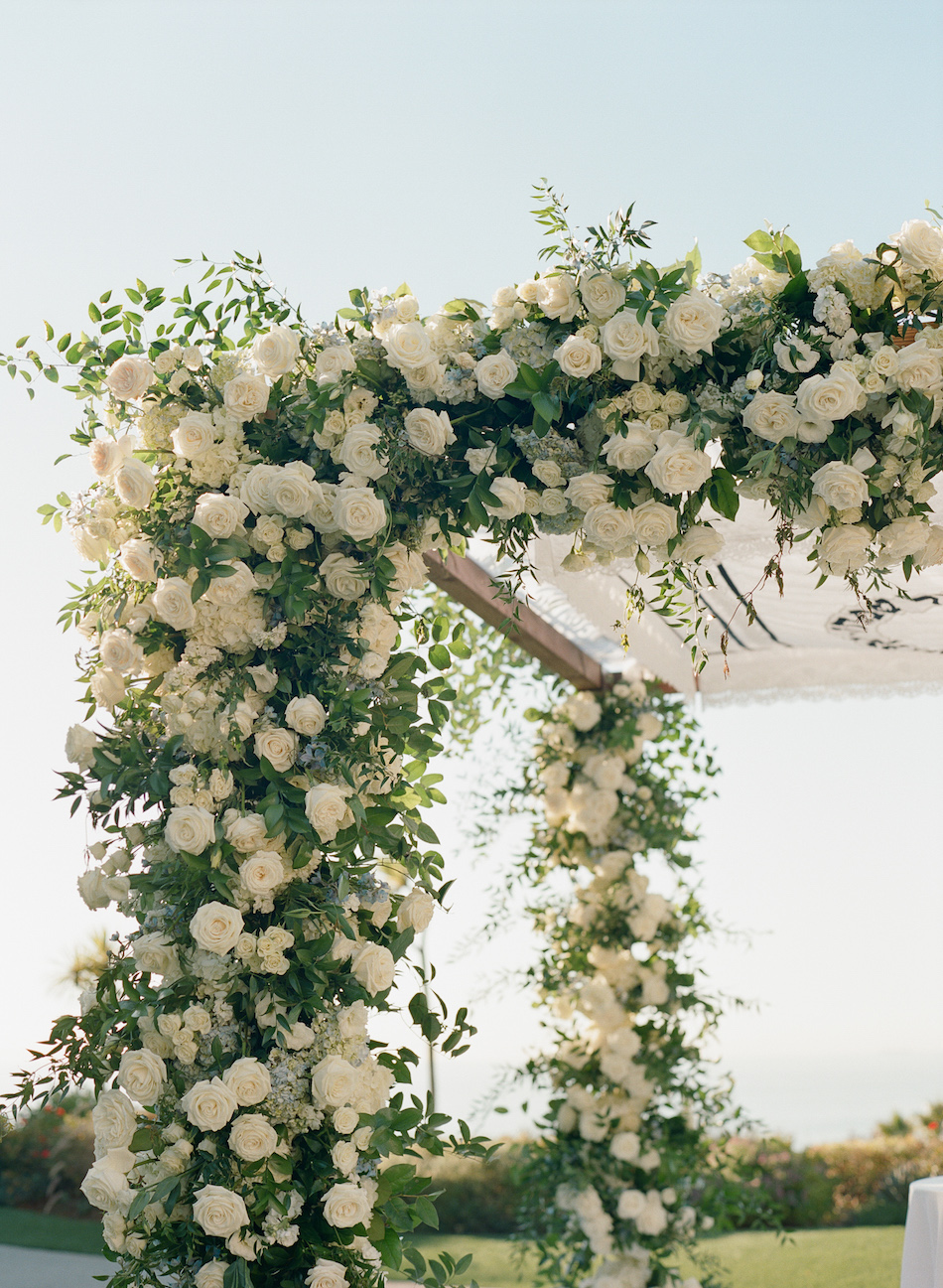 ceremony arch, white floral arch, floral-filled arch, floral design, florist, wedding florist, wedding flowers, orange county weddings, orange county wedding florist, orange county florist, orange county floral design, flowers by cina