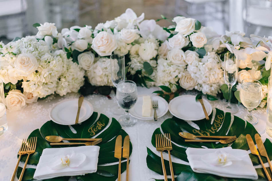 tropical decor, white florals, sweetheart table, floral design, florist, wedding florist, wedding flowers, orange county weddings, orange county wedding florist, orange county florist, orange county floral design, flowers by cina