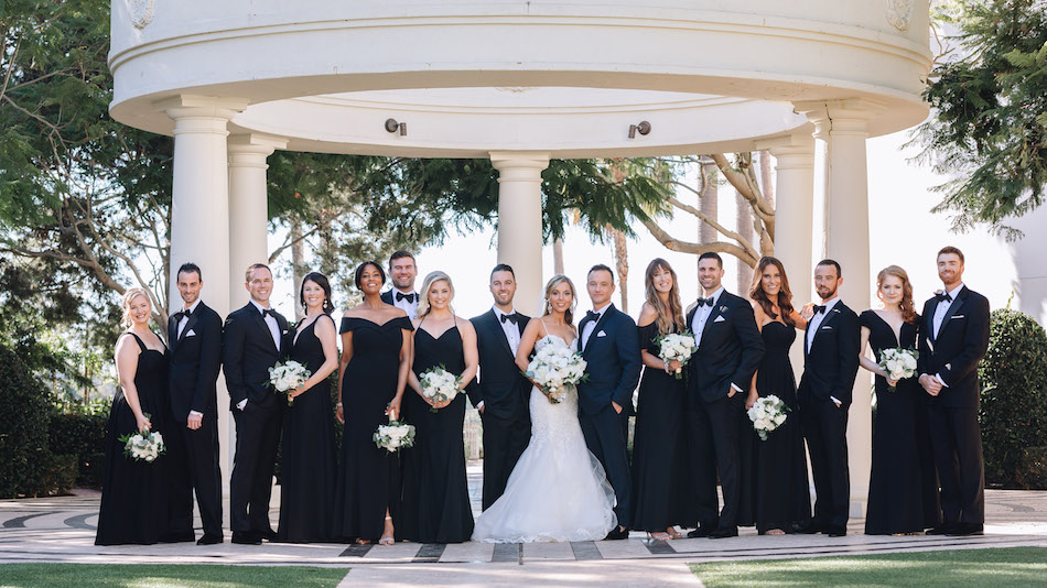 bridal party, black and white wedding, black bridesmaids dresses, floral design, florist, wedding florist, wedding flowers, orange county weddings, orange county wedding florist, orange county florist, orange county floral design, flowers by cina