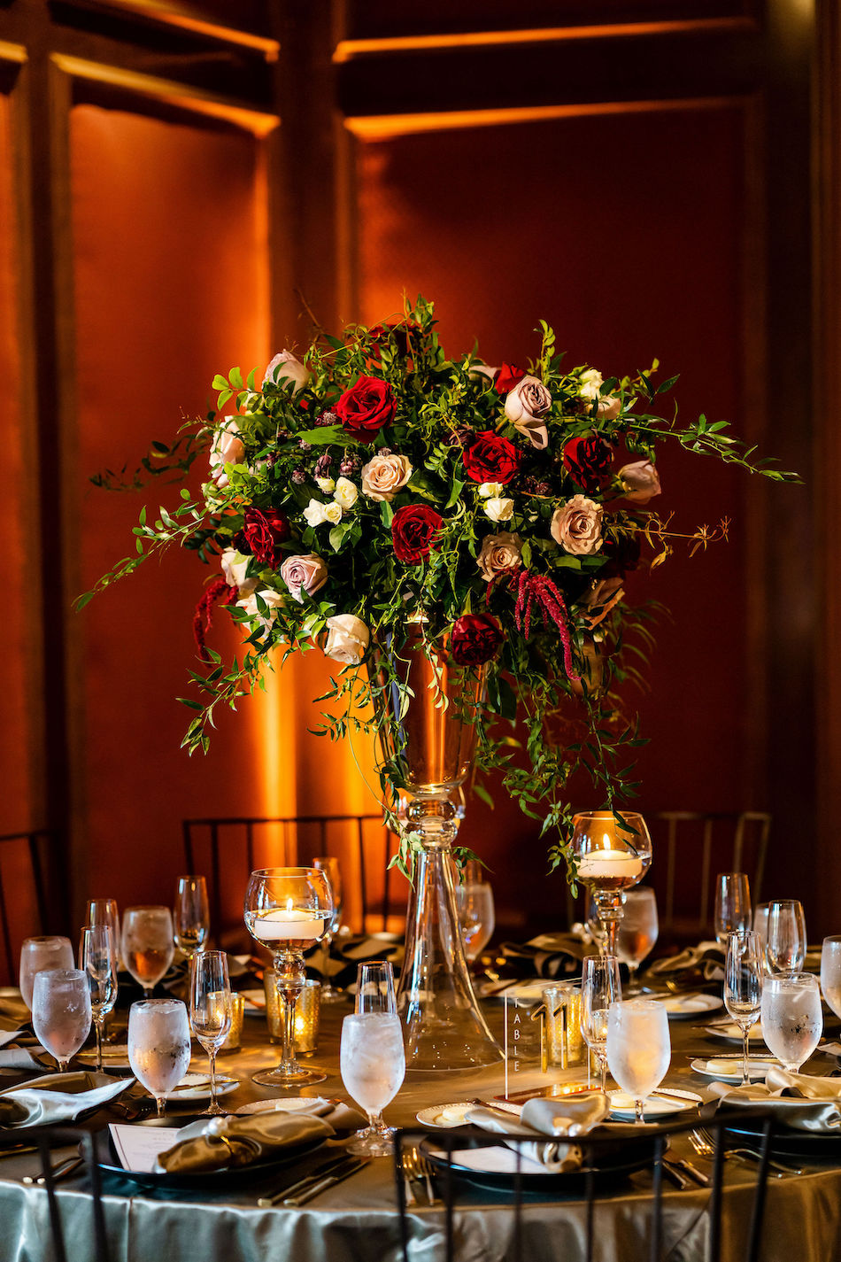 elevated centerpiece, raised centerpiece, red reception florals, floral design, florist, wedding florist, wedding flowers, orange county weddings, orange county wedding florist, orange county florist, orange county floral design, flowers by cina