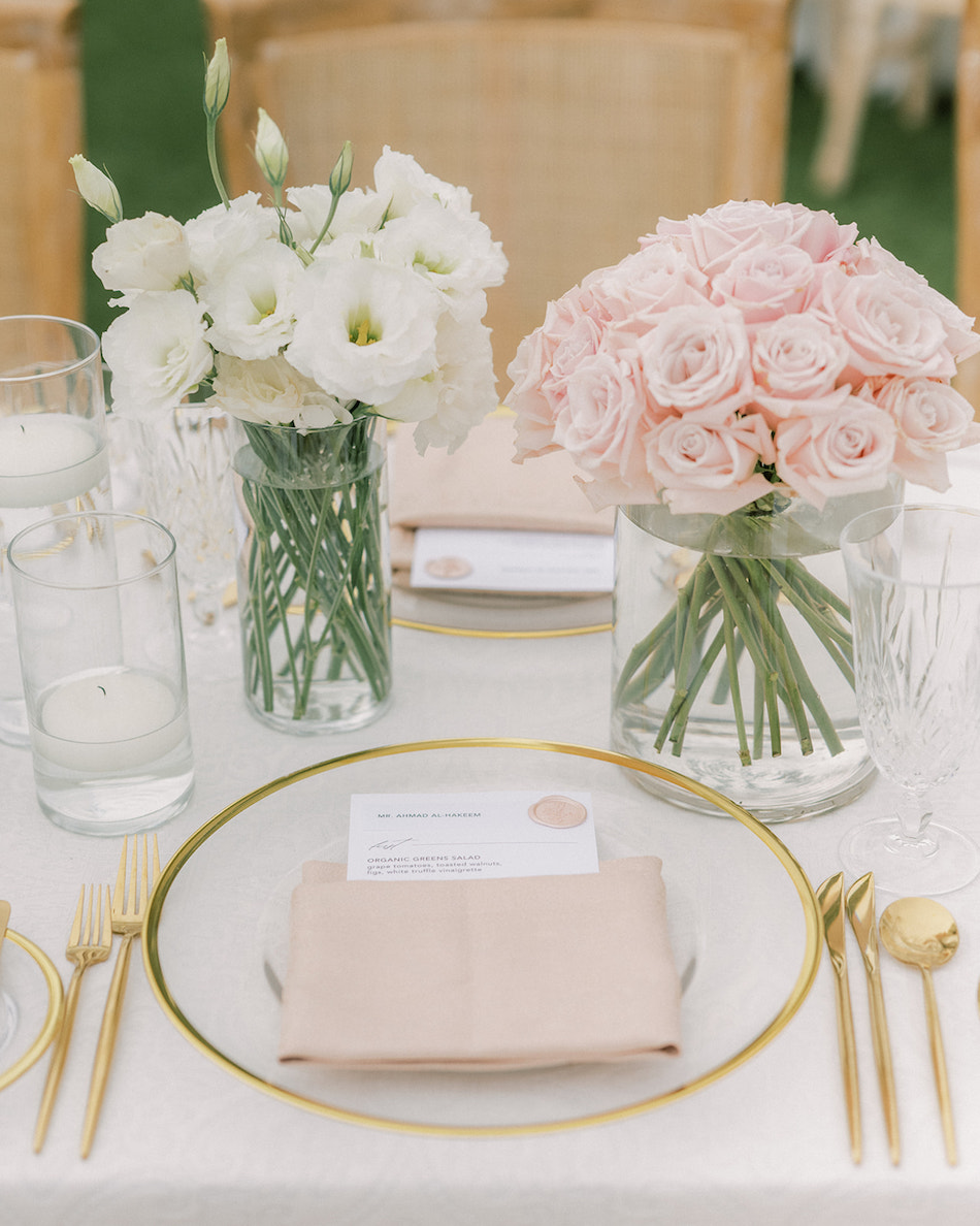 blush centerpiece, gold decor, blush tablescape, floral design, florist, wedding florist, wedding flowers, orange county weddings, orange county wedding florist, orange county florist, orange county floral design, flowers by cina