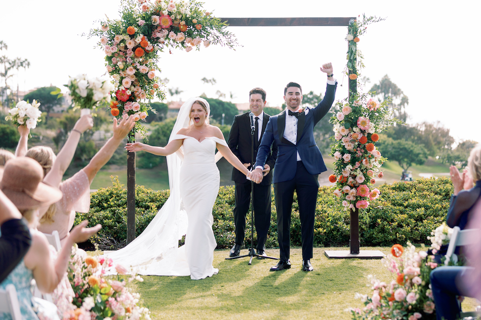 just married, ceremony arch, vibrant ceremony arch, floral design, florist, wedding florist, wedding flowers, orange county weddings, orange county wedding florist, orange county florist, orange county floral design, flowers by cina