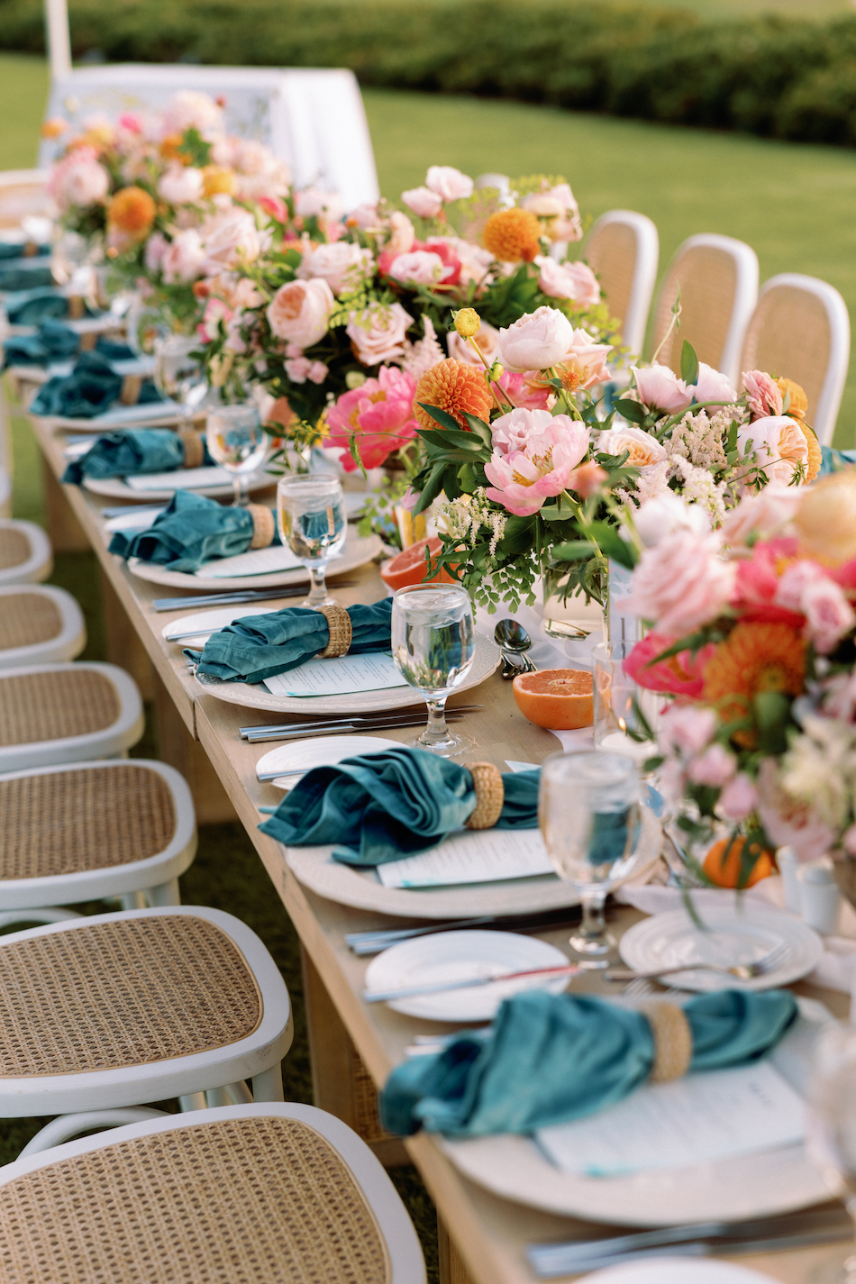 vibrant tablescape, colorful centerpiece, low centerpieces, floral design, florist, wedding florist, wedding flowers, orange county weddings, orange county wedding florist, orange county florist, orange county floral design, flowers by cina