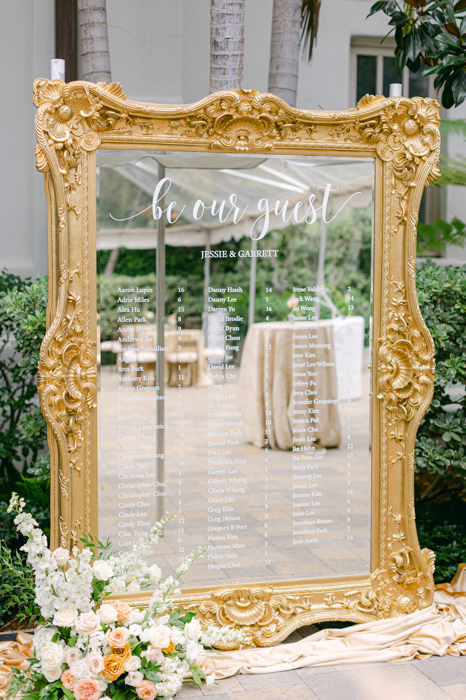seating chart, gold, mirror, floral design, florist, wedding florist, wedding flowers, orange county weddings, orange county wedding florist, orange county florist, orange county floral design, flowers by cina