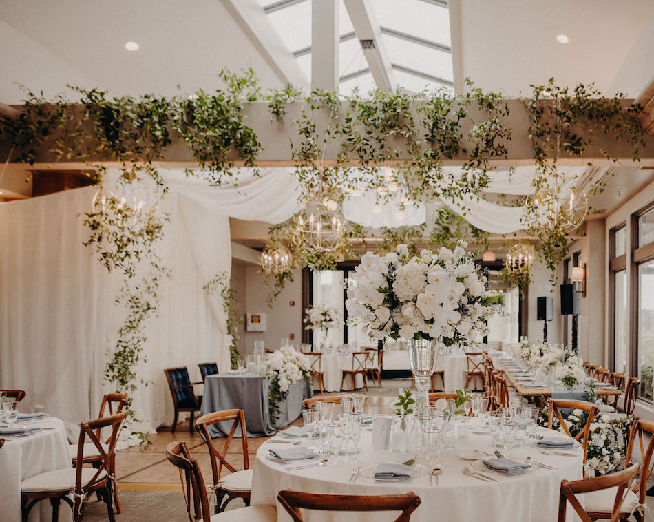 floral chandelier, blue reception decor, white reception florals, floral design, florist, wedding florist, wedding flowers, orange county weddings, orange county wedding florist, orange county florist, orange county floral design, flowers by cina