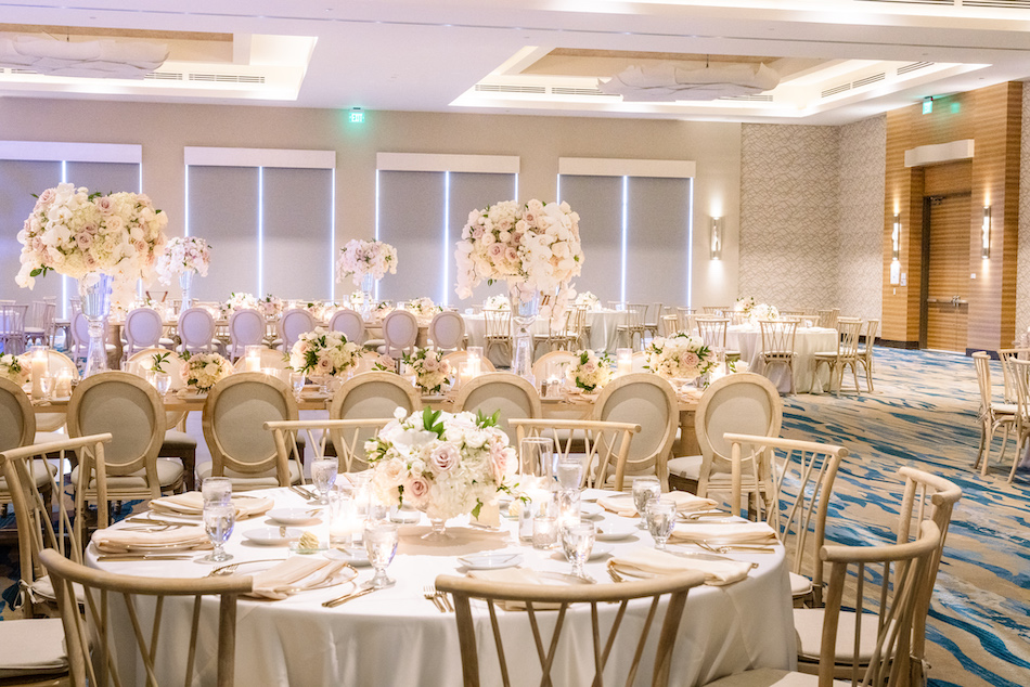 ballroom reception, blush reception blooms, elevated centerpiece, floral design, florist, wedding florist, wedding flowers, orange county weddings, orange county wedding florist, orange county florist, orange county floral design, flowers by cina