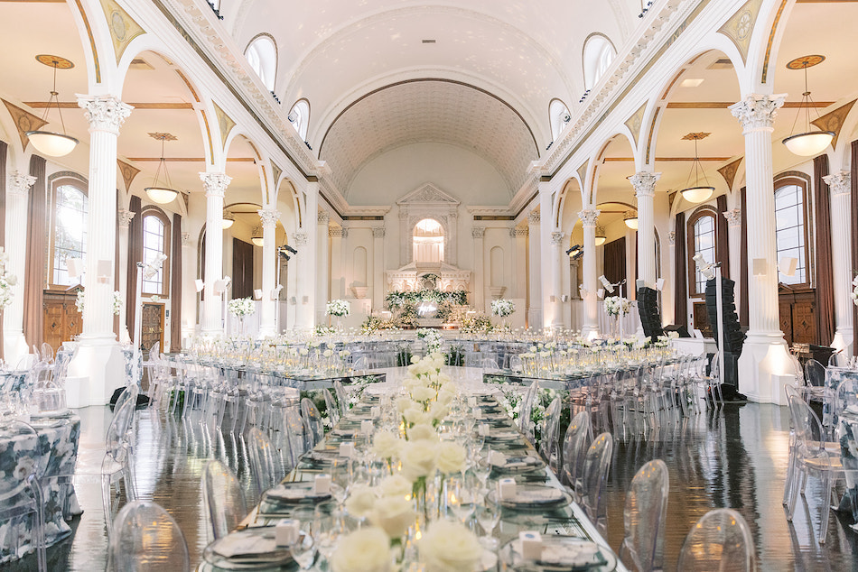 Beautiful Wedding with All-White Blooms and Pops of Blue at Vibiana