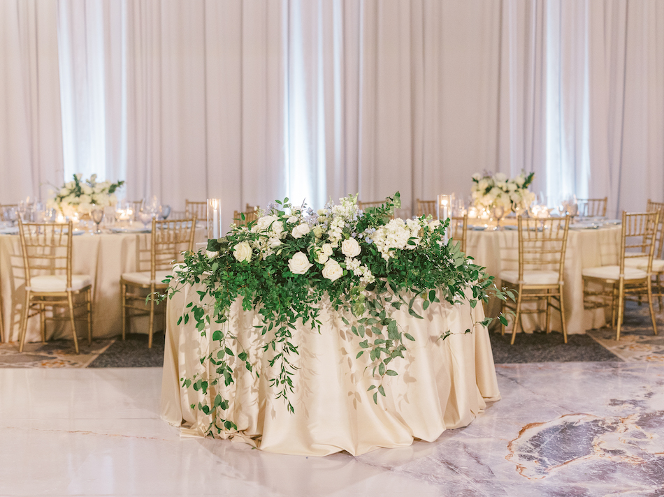 sweetheart table, cascading greenery, white centerpiece, floral design, florist, wedding florist, wedding flowers, orange county weddings, orange county wedding florist, orange county florist, orange county floral design, flowers by cina