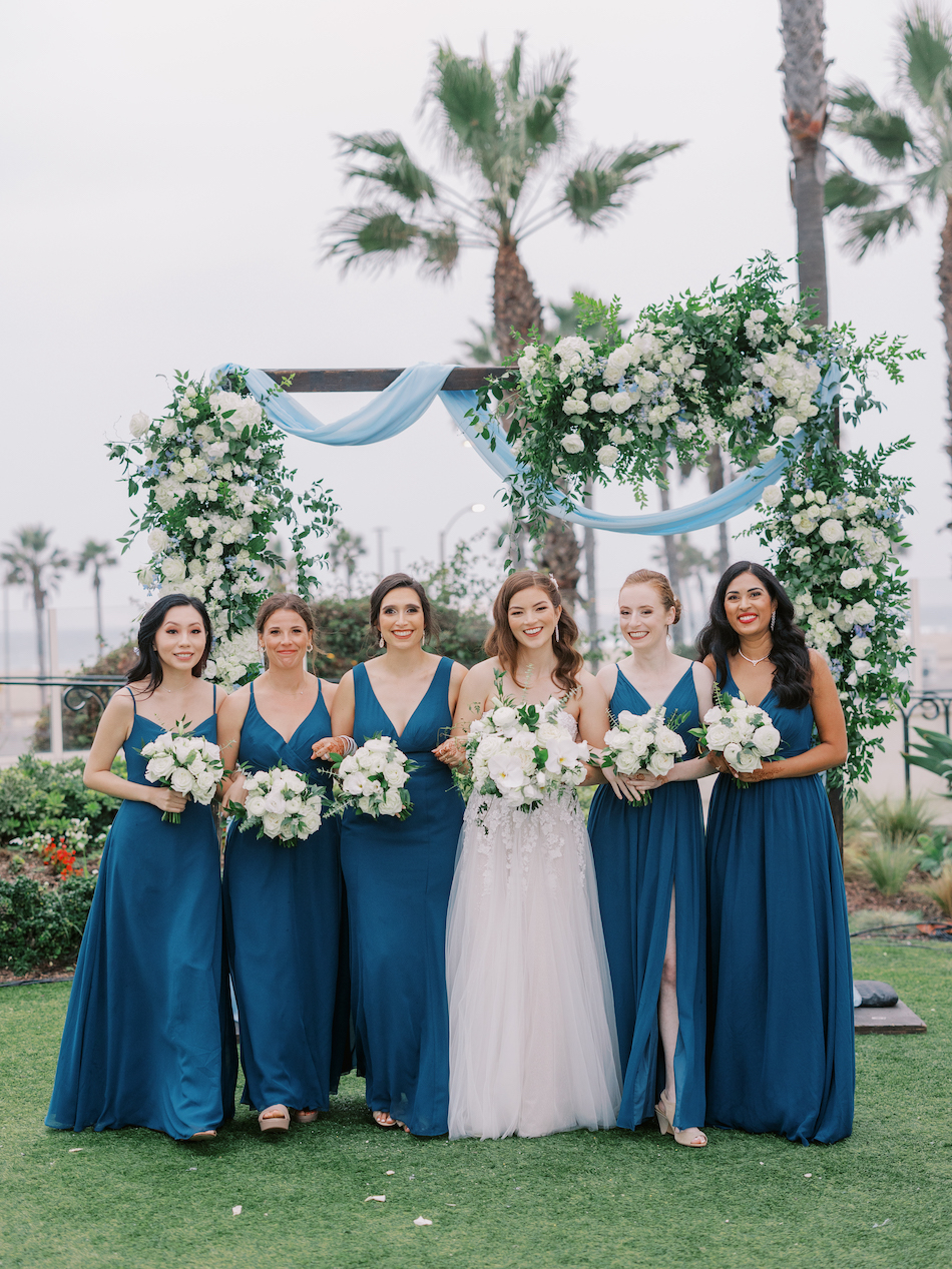 blue bridesmaid dress, white bouquet, bridesmaids, floral design, florist, wedding florist, wedding flowers, orange county weddings, orange county wedding florist, orange county florist, orange county floral design, flowers by cina