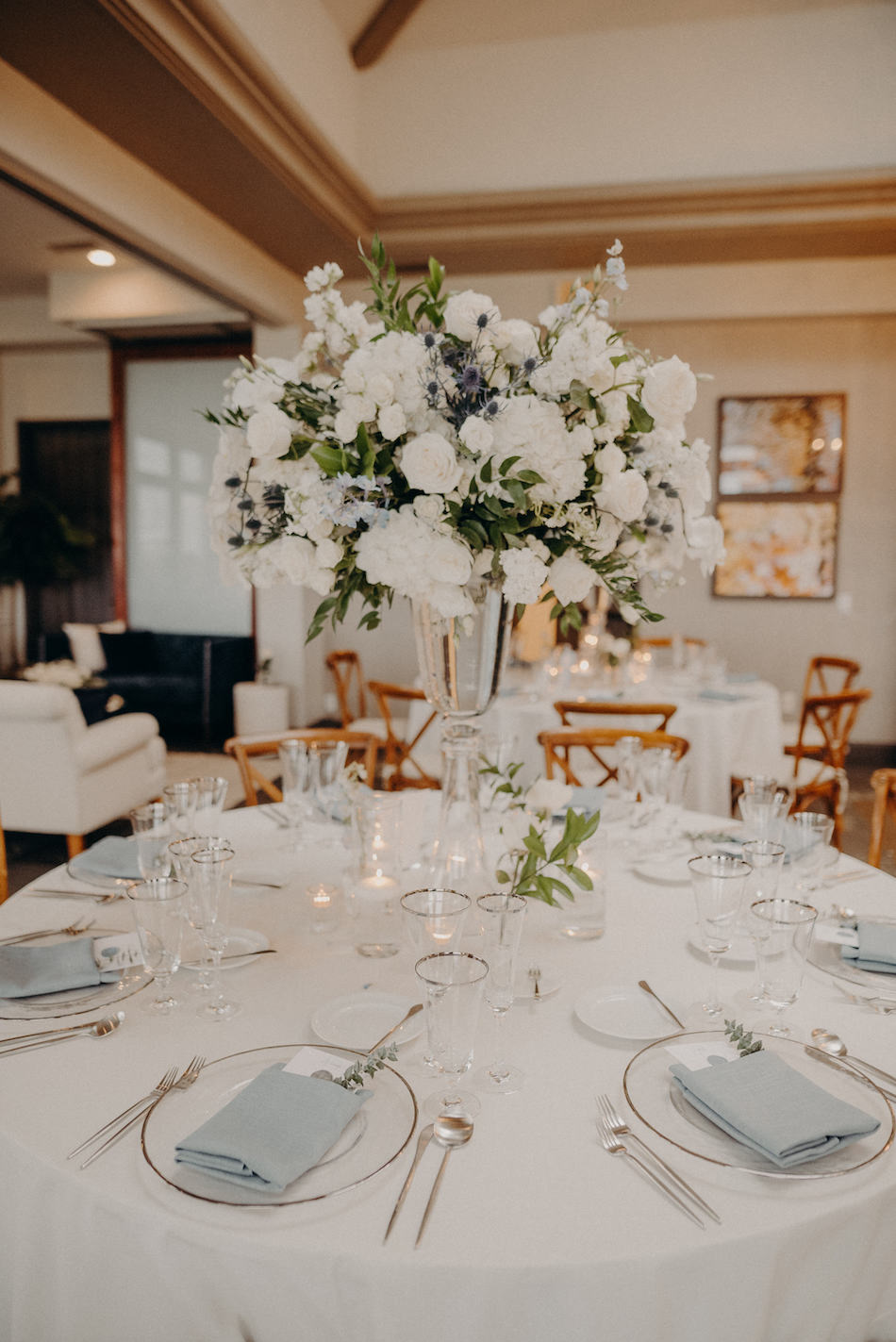 floral design, florist, wedding florist, wedding flowers, orange county weddings, orange county wedding florist, orange county florist, orange county floral design, flowers by cina, something blue, elevated centerpiece, white and blue tablescape