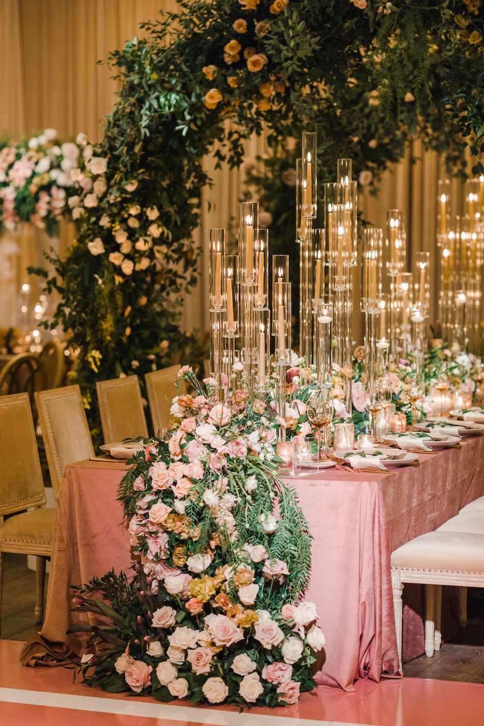 floral design, florist, wedding florist, wedding flowers, orange county weddings, orange county wedding florist, orange county florist, orange county floral design, flowers by cina, gold and pink wedding, cascading florals, reception florals