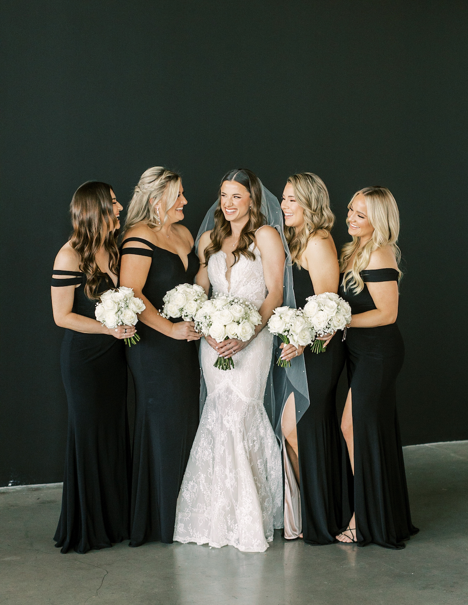 floral design, florist, wedding florist, wedding flowers, orange county weddings, orange county wedding florist, orange county florist, orange county floral design, flowers by cina, black bridesmaid dress, bridal bouquet, white bridal bouquet