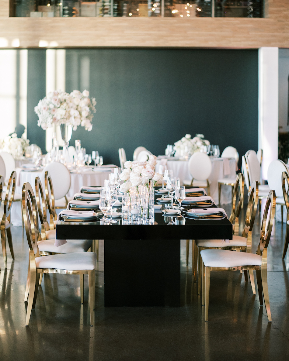 floral design, florist, wedding florist, wedding flowers, orange county weddings, orange county wedding florist, orange county florist, orange county floral design, flowers by cina, gold chairs, white centerpiece, gold and black reception