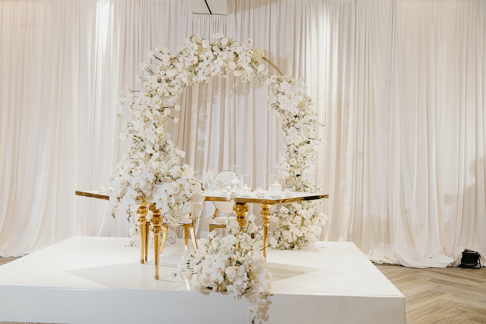 floral design, florist, wedding florist, wedding flowers, orange county weddings, orange county wedding florist, orange county florist, orange county floral design, flowers by cina, sweetheart table, floral-filled sweetheart table, gold reception decor