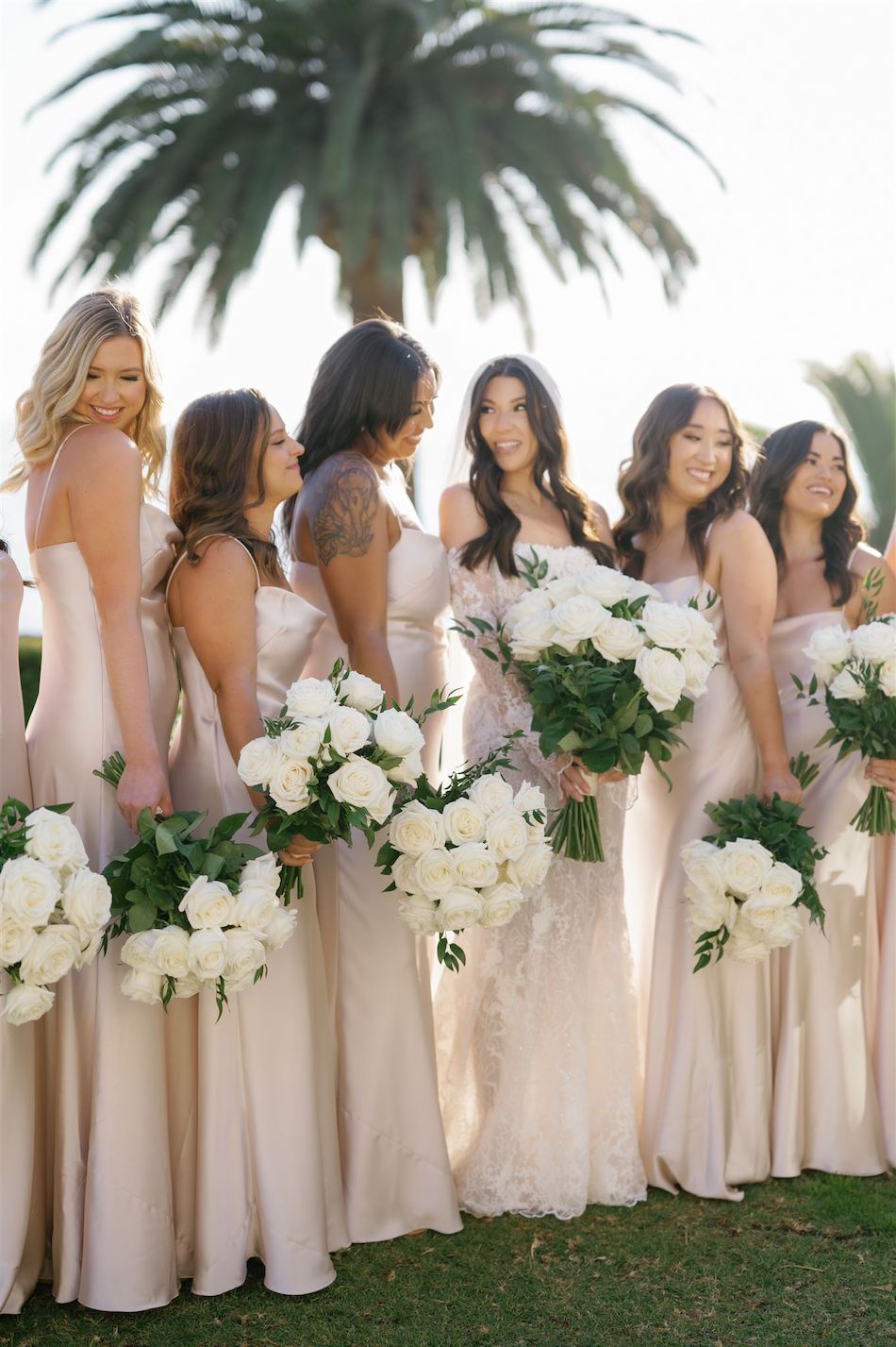 floral design, florist, wedding florist, wedding flowers, orange county weddings, orange county wedding florist, orange county florist, orange county floral design, flowers by cina, blush bridesmaids dresses, white bouquets, bride tribe